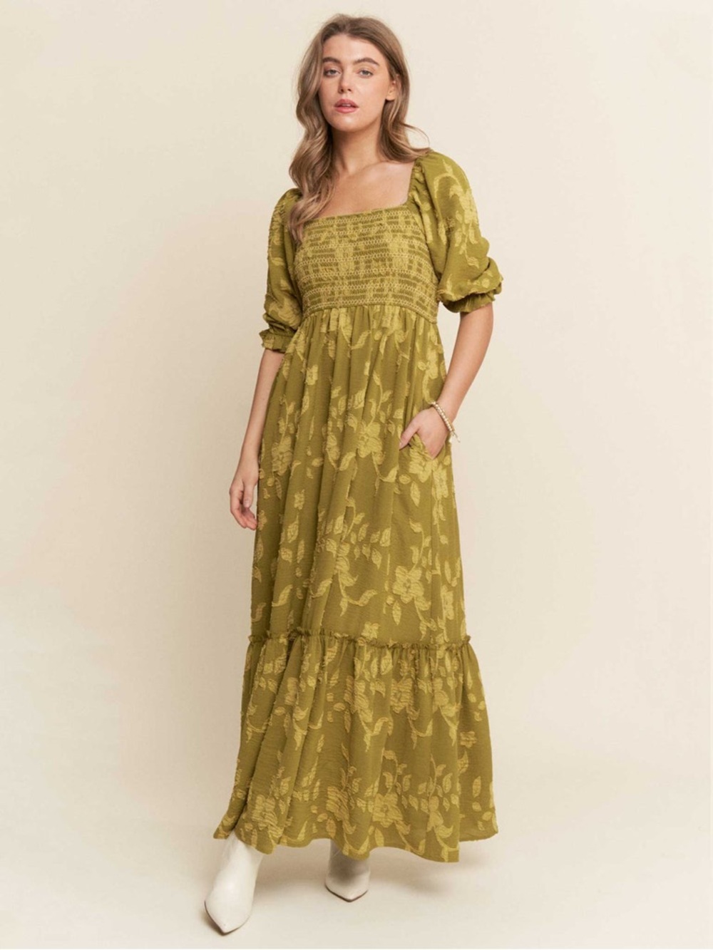 Olive Green Floral Maxi Dress with Square Neck